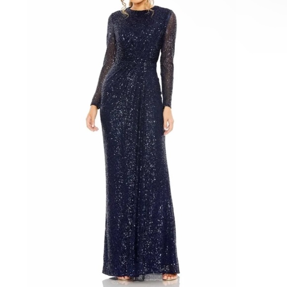 leena for Mac Duggal Navy Sequined Crew Neckline Long Sleeves Maxi Dress Reemoly